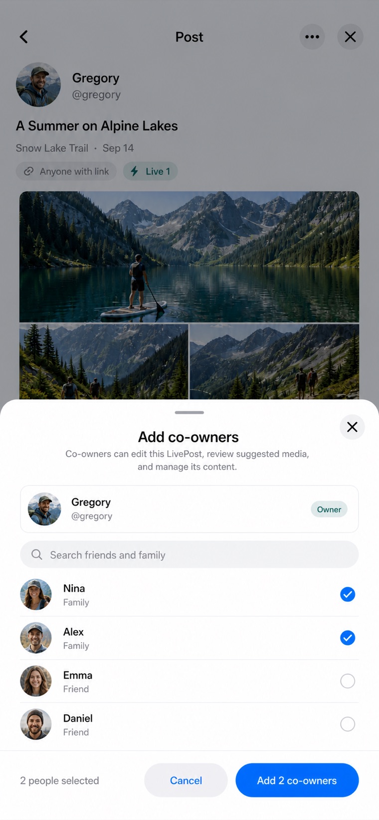 Adding co-owners to a post from friends and family